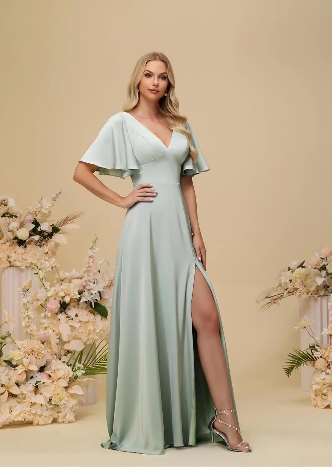 Wedding Party Chiffon Short Sleeves Bridesmaid Dresses for Women Slit Long Cut Out Elegant Maxi Formal Evening Cocktail Gown
