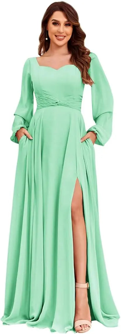 Damen Langarm Brautjungfernkleider mit Taschen Split Plissee Chiffon Formales Abendkleid Partykleid formelles Kleid Frauen elegant 