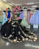 Gold Appliques Quinceanera Dresses with Train Spaghetti Strap Lace Sweet 16 Dresses Layered Ruffles Beaded Ball Gown