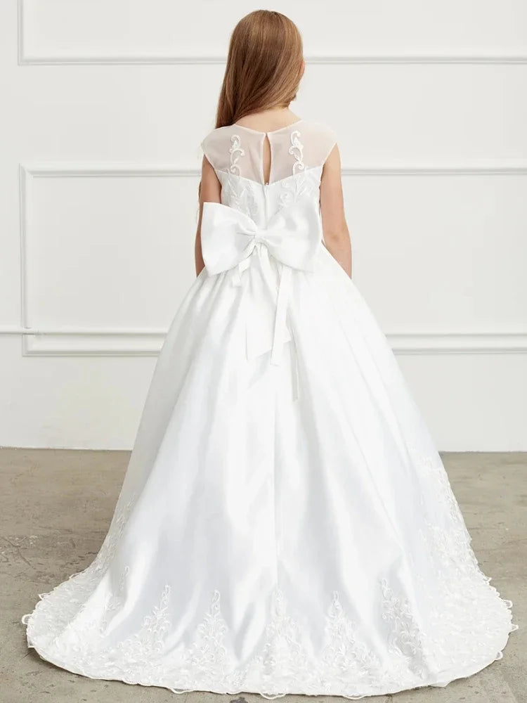Vestidos de primera comunión para fiesta de cumpleaños, vestidos de niña de las flores con apliques de encaje blanco con lazo y cola, sin mangas para boda 