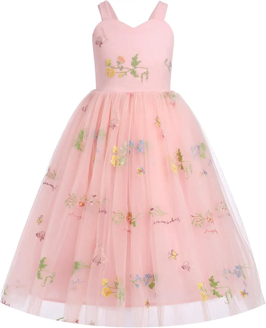 Flower Girl Dress Princess Sleeveless Floral Embroidered Kids Summer Wedding Pageant Birthday Tutu Tulle Dress