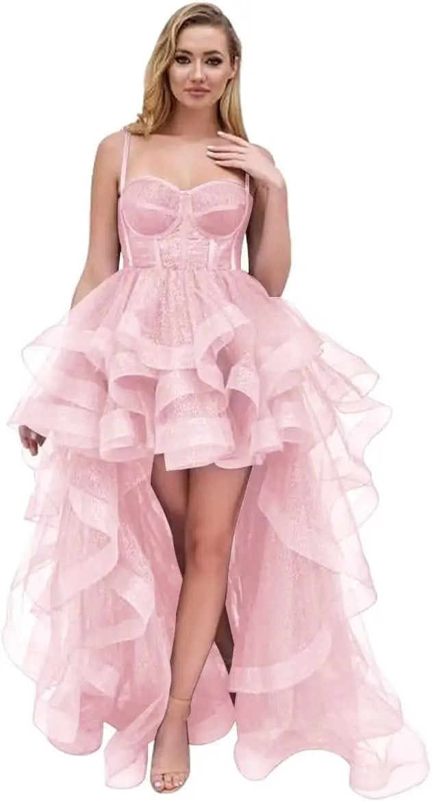 Tulle Prom Dress Spaghetti Straps Ball Gowns High Low Homecoming Dress Layered Ruffles Princess Quinceanera Dresses