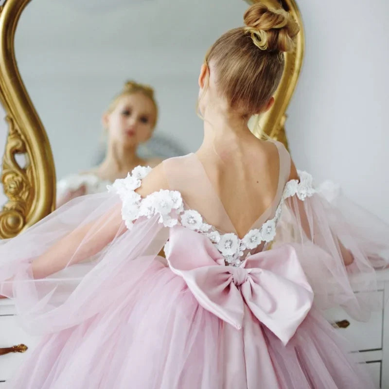 Vestidos de tul rosa con apliques blancos y lazo, de manga larga, para bodas, cumpleaños, primera comunión y niñas de las flores. 