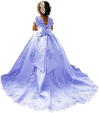 Blumenmädchenkleid für Mädchen zur Hochzeit, Applikationen, Tüll, Festzugskleider, kurze Ärmel, Ballkleid mit Schleife, Prinzessinnenkleid 