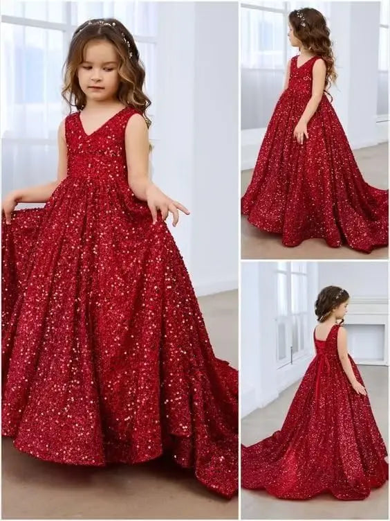 Vestidos de desfile con lentejuelas y cuello en V para niñas, vestidos de baile brillantes para niñas de las flores, vestidos de princesa para niñas pequeñas, vestido de comunión 