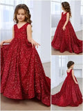 Vestidos de desfile con lentejuelas y cuello en V para niñas, vestidos de baile brillantes para niñas de las flores, vestidos de princesa para niñas pequeñas, vestido de comunión 