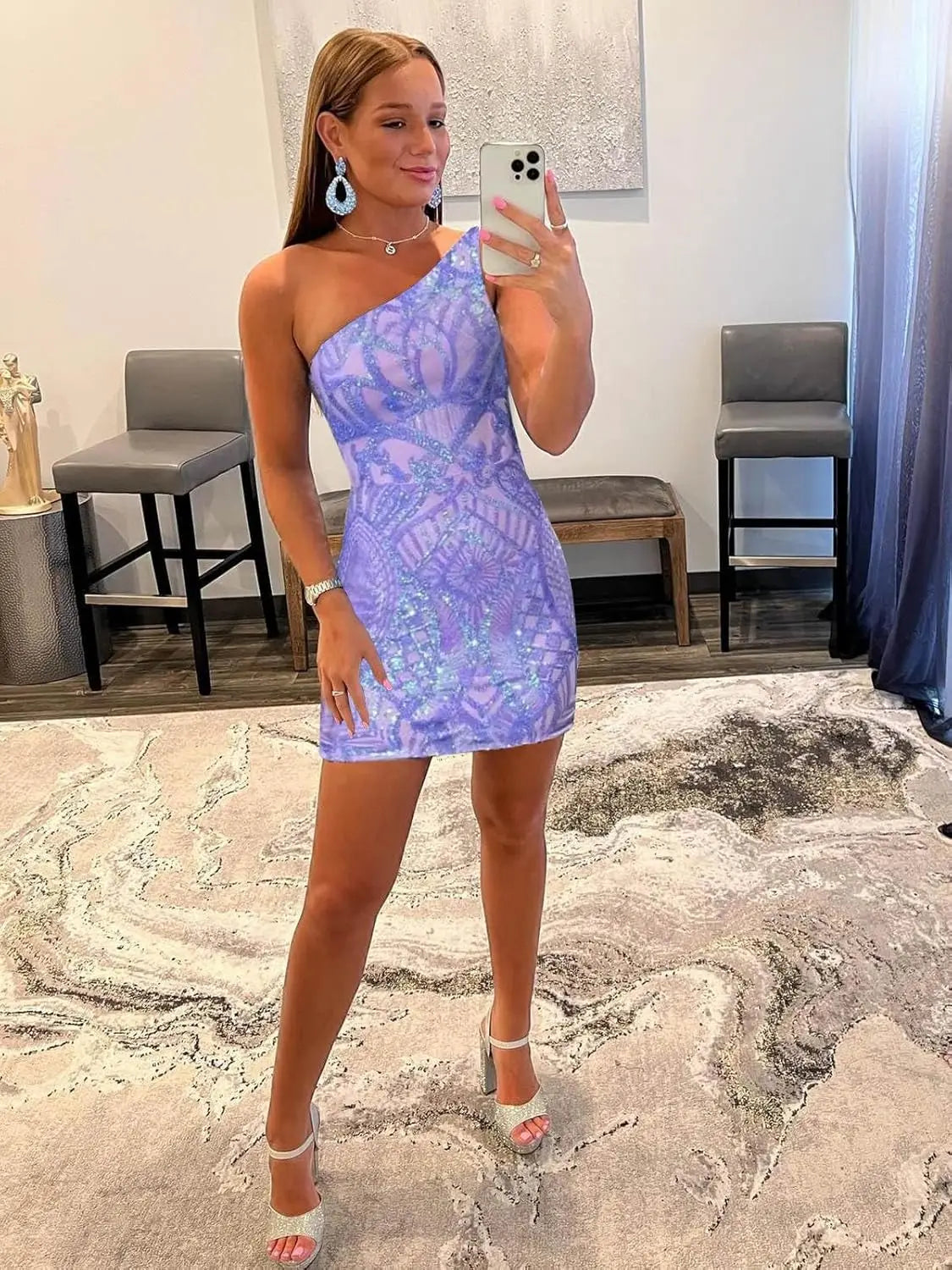 One Shoulder Short Homecoming Dresses for Teens Sparkly Sequin Tight Formal Cocktail Dress Sexy Club Gowns Mini Women's Dress