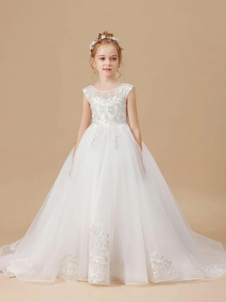 White Tulle Patterned Embroidery With Tailing Sleeveless For Wedding Birthday First Communion Gowns Flower Girl Dresses