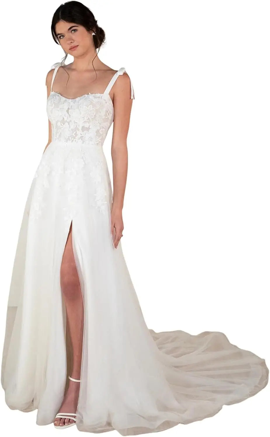 Brautkleider für die Braut Langes Spitzenapplikations-Tüll-Brautkleid Boho-Strandhochzeitskleid weißes Kleid Maßgeschneiderte Brautkleider 