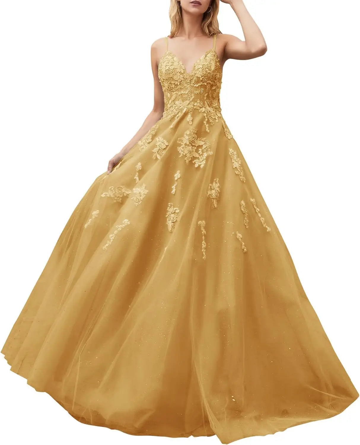Glitzernde Tüll-Ballkleider für Teenager, Spitzenapplikationen, Perlenbesetzte lange Ballkleider, Spaghettiträger, formelle Kleider, schlichtes Hochzeitskleid 
