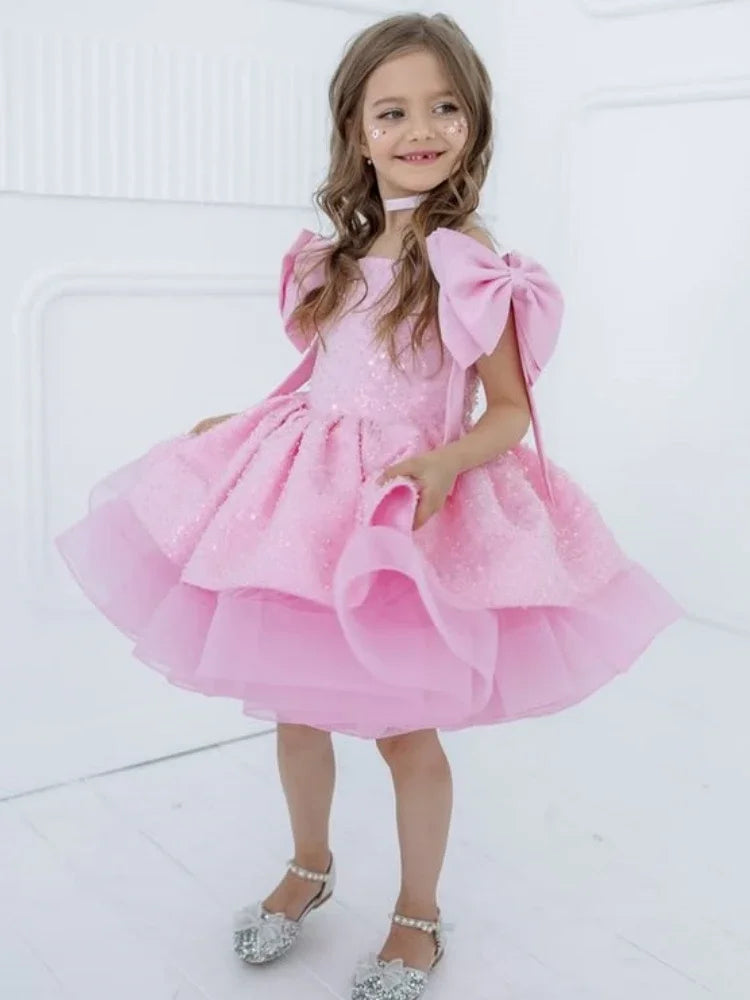 Pink Tulle Sequin With Bow Sleeveless For Wedding Prom Birthday Party Banquet Holy Communion Gown Customized Flower Girl Dress
