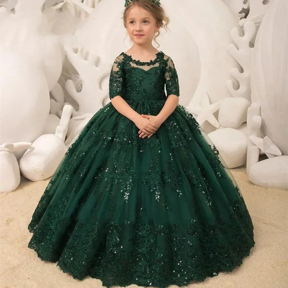 Lace Appliques Princess Kids Birthday Party First Holy Communion Gowns Sequins Flower Girl Dress Pageant Gown For Wedding