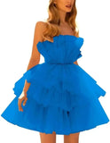 Vestidos de fiesta de tul con hombros descubiertos, abullonados, cortos, sin tirantes, de malla, con volantes, formales, para cóctel o gala 