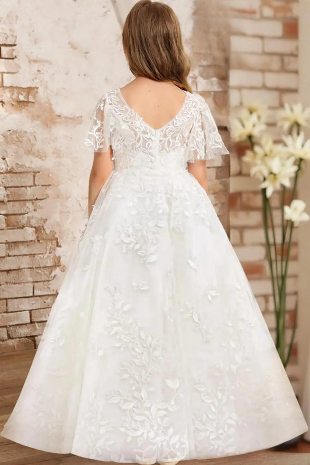 Vestido de primera comunión de encaje con mangas con volantes para niña de las flores, para boda, desfile, vestido de princesa 