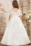 Vestido de primera comunión de encaje con mangas con volantes para niña de las flores, para boda, desfile, vestido de princesa 