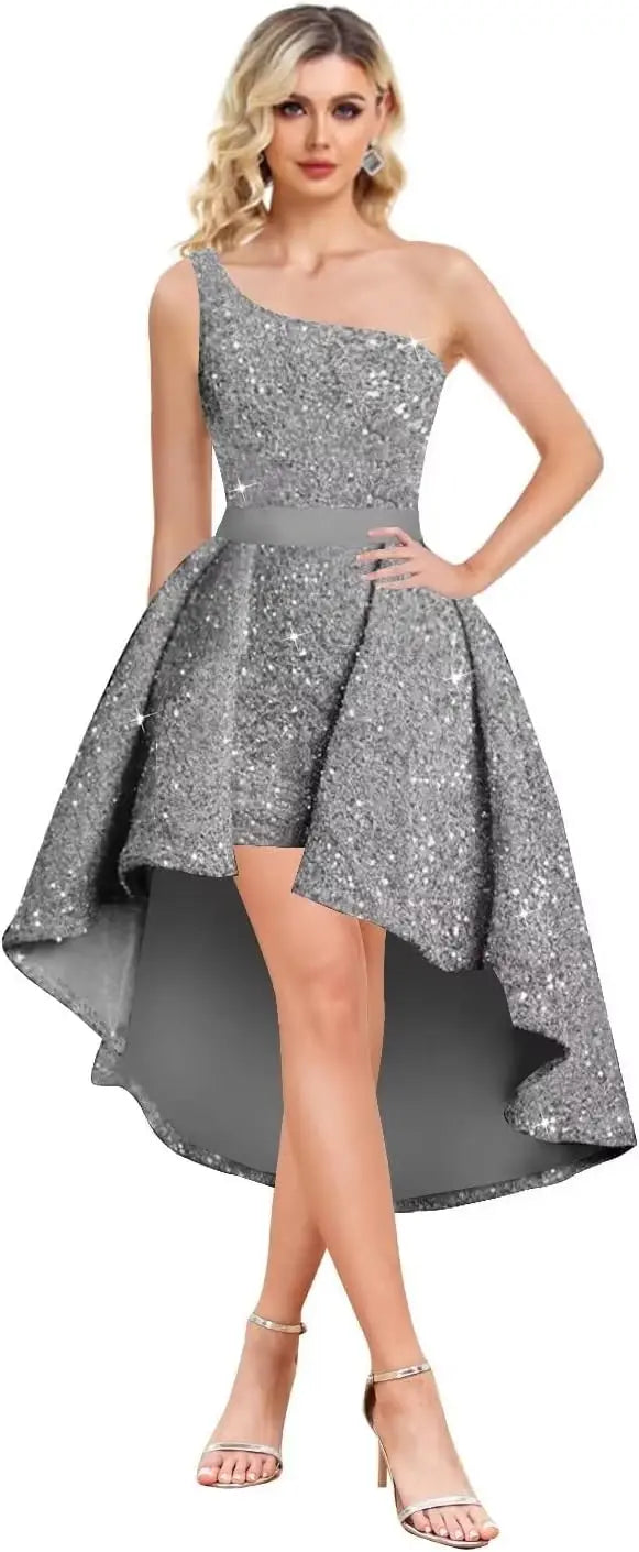 High Low One Shoulder Sequin Homecoming Dresses Short Prom Dresses Sparkly A Line Cocktail Midi Dress graduation dress
