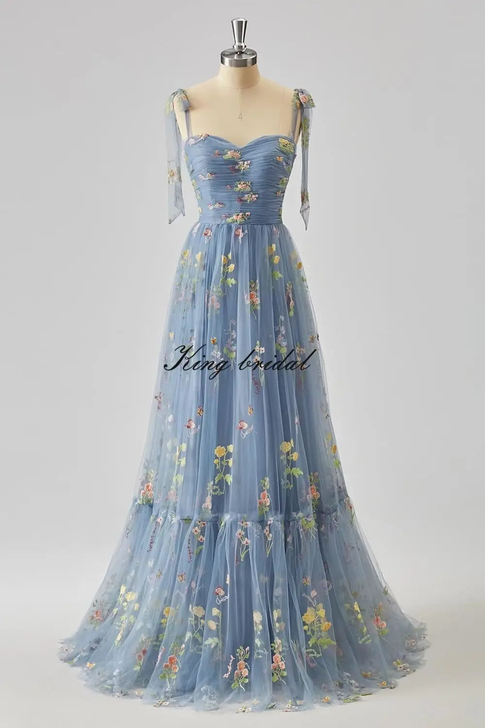 Women's Flower Embroidery Tulle Prom Dresses Corset Long Spaghetti Strap Fairy Ruched Formal Evening Party Gown Bridesmaid Dress