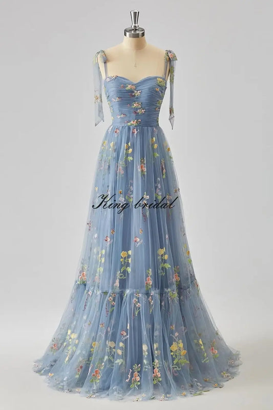 Women's Flower Embroidery Tulle Prom Dresses Corset Long Spaghetti Strap Fairy Ruched Formal Evening Party Gown Bridesmaid Dress