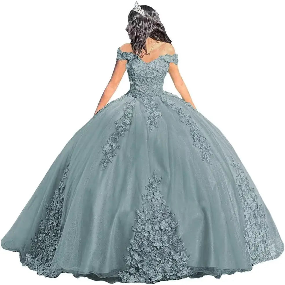 Luxury Off Shoulder Quinceanera Dresses Puffy Floral Lace Beaded Prom Dresses Sweet 15 16 Ball Gown with Train Quinceanera Gowns