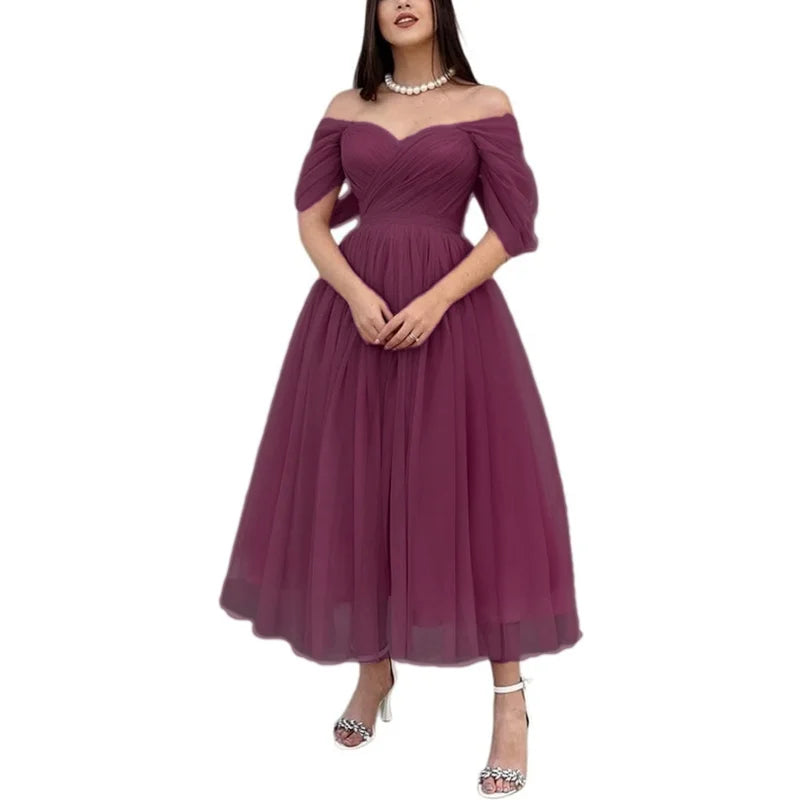 Tulle Sweetheart A-line Evening Dresses Off the Shoulder Tea-Length Formal Dress With Pleats & Bow Elegant Lace Up Prom Gowns