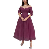 Tulle Sweetheart A-line Evening Dresses Off the Shoulder Tea-Length Formal Dress With Pleats & Bow Elegant Lace Up Prom Gowns