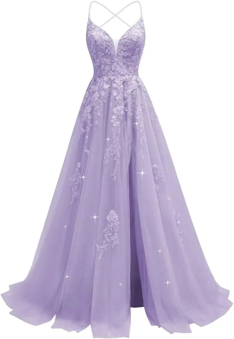 Tüll-Spitzen-Applikationen, Ballkleid, langes Ballkleid für Damen, Spaghettiträger, Korsett, rückenfreies Abendkleid 
