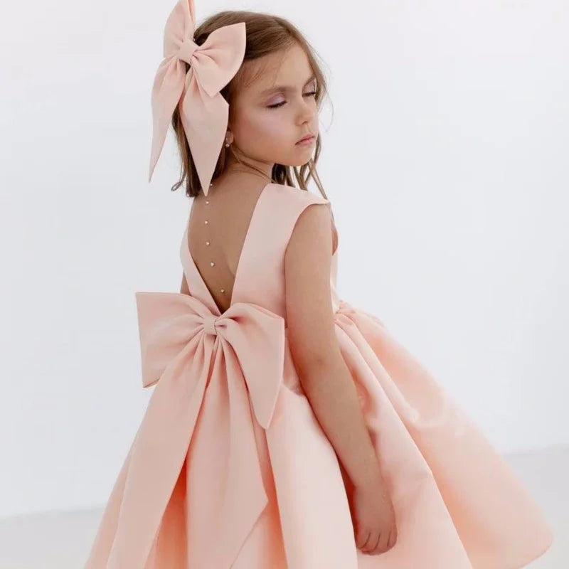 Prinzessin Kleid Blumenmädchen Kleider Orange Satin mit Schleife ärmellos für Hochzeit Geburtstag Party Erstkommunion Kleider 