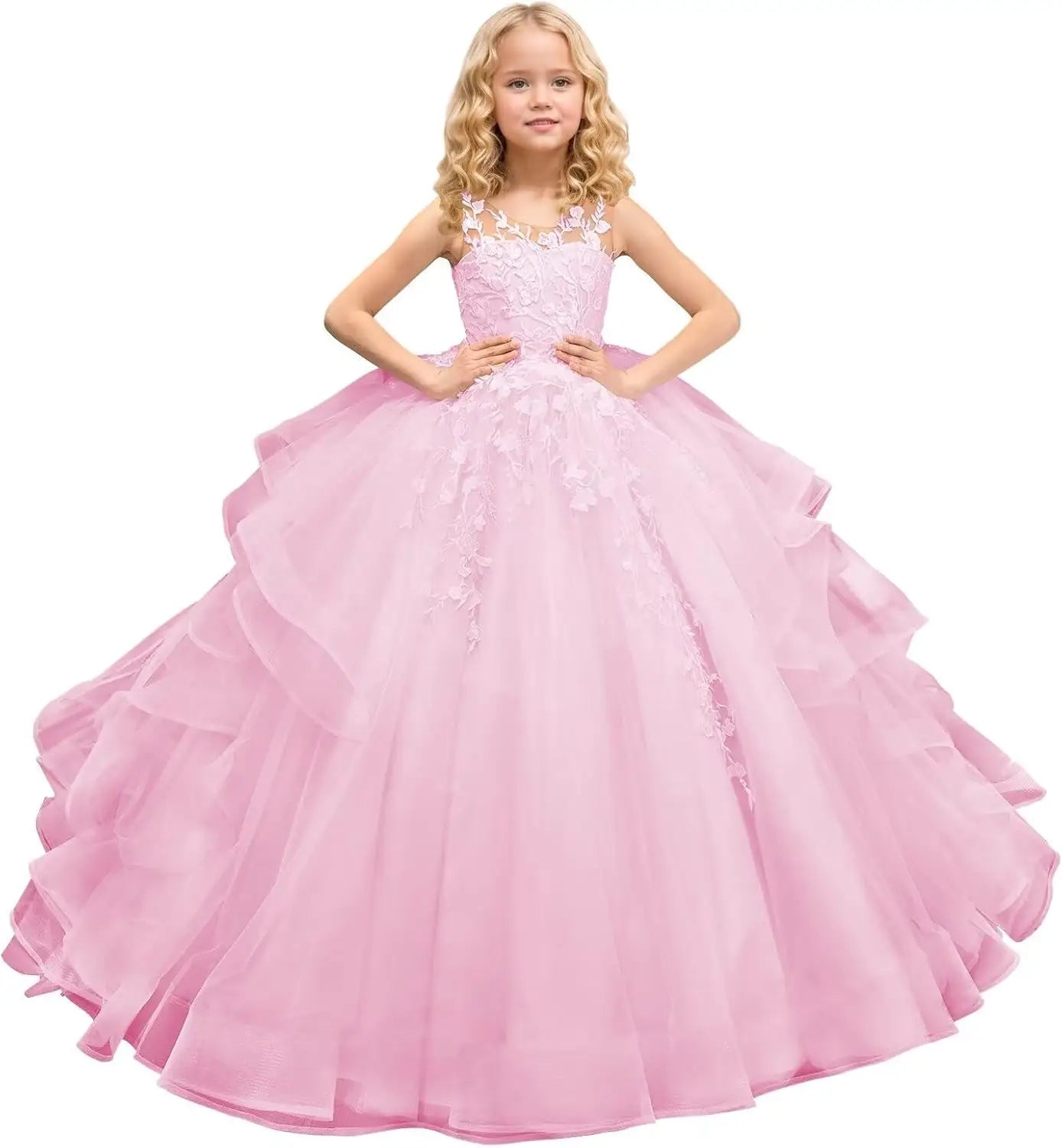 Tüll Prinzessin Ärmellose Festzugskleider Lange Spitze Applique Blumenmädchen Kleid Kinder Geburtstagsparty Ballkleid Festzugskleider 
