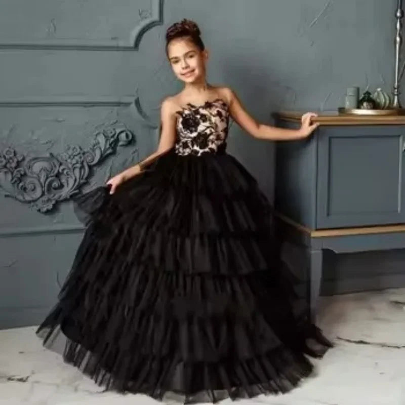 Vestido de fiesta de cumpleaños para niña, sin mangas, con apliques de encaje en capas, para primera comunión, color negro, para boda 