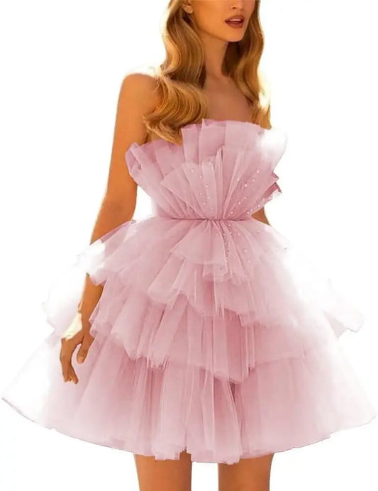 Vestidos de fiesta de tul con hombros descubiertos, abullonados, cortos, sin tirantes, de malla, con volantes, formales, para cóctel o gala 