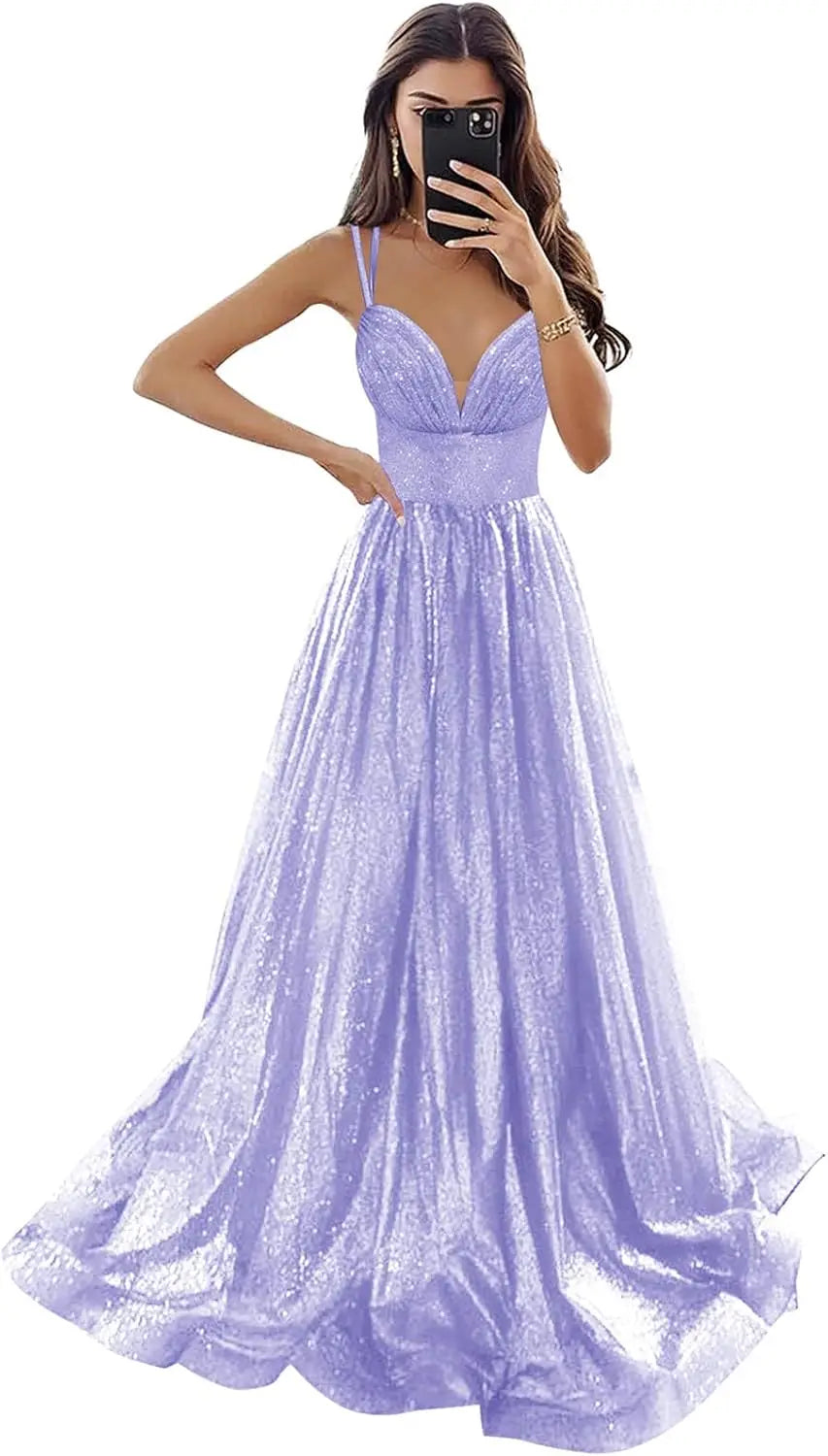 Vestido de fiesta de tul brillante con bolsillos, tirantes finos, corsé fruncido, largo, formal, para noche, vestidos de fiesta para mujer, noche 