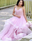 Customized V Neck Glitter Tulle Long Prom Dresses Spaghetti Straps Ball Gown For Women Puffy Tiered Formal Evening Party Dresses