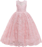 Full Lace Flower Girls Dress Long A Line Bridesmaid Wedding Tulle Dresses Birthday Formal Party Ball Gown girls party dress