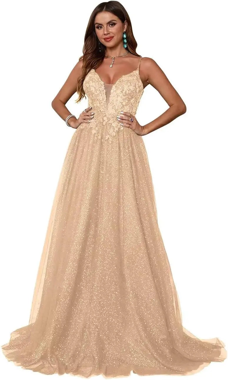 Glitzerndes Tüll-Ballkleid für Damen, Spaghettiträger, tiefer V-Ausschnitt, Spitzenapplikationen, Ballkleid, langes A-Linien-Abendkleid 