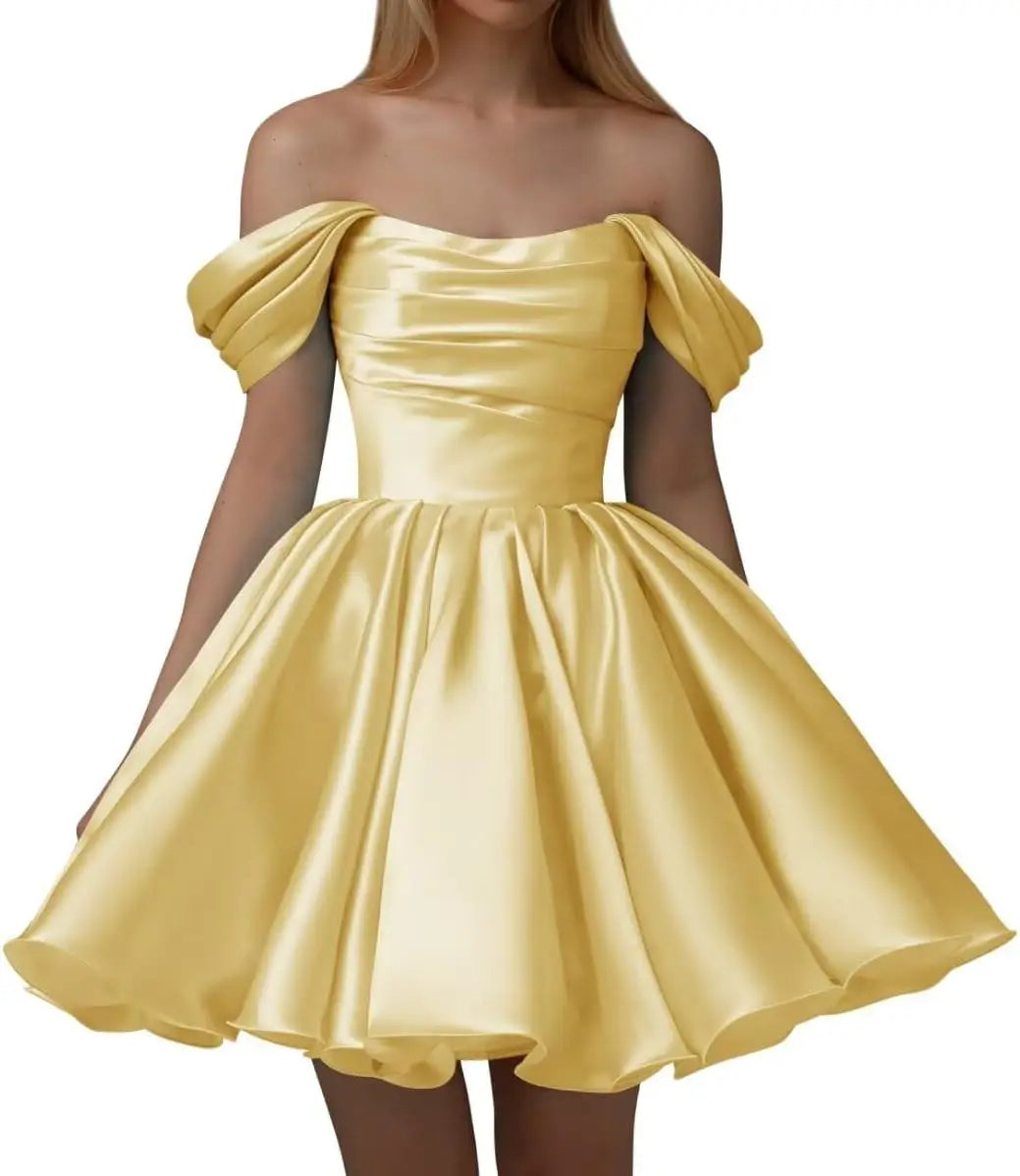Vestidos de fiesta de satén con hombros descubiertos para mujer, corte A, cortos, plisados, sin tirantes, para boda y fiesta. 