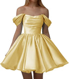 Vestidos de fiesta de satén con hombros descubiertos para mujer, corte A, cortos, plisados, sin tirantes, para boda y fiesta. 