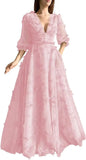 Damen Ballkleid mit Puffärmeln, 3D-Schmetterling, langer V-Ausschnitt, Tüll, Ballkleid, formelles Abendkleid 
