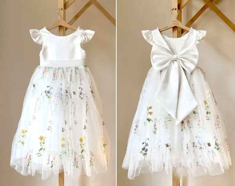 Vestido de niña de flores de satén, encaje, tul, encaje blanco, tul, niña, bebé, satén, encaje, rústico, bohemio, vestidos de comunión, vestido de princesa 