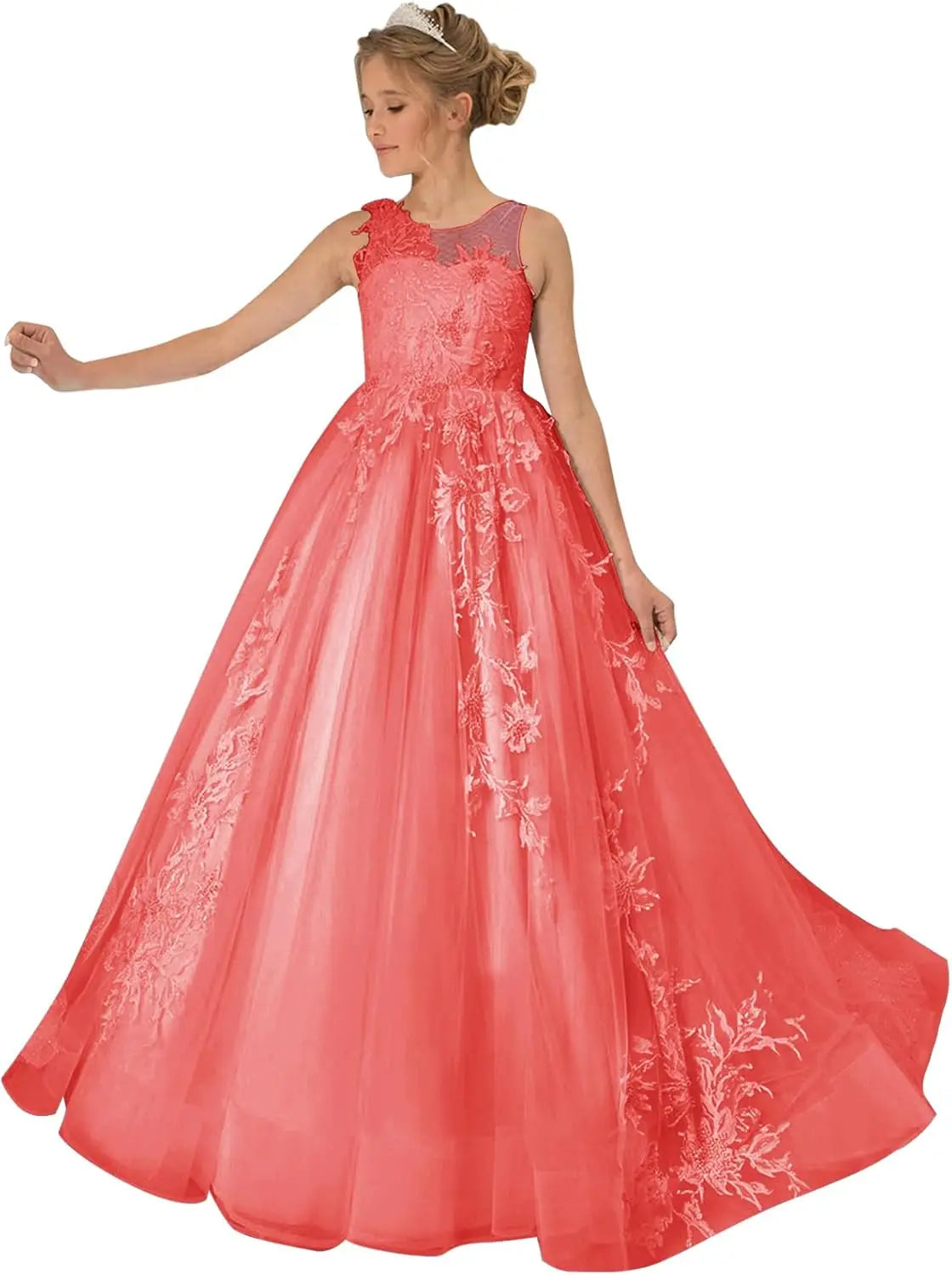 Princess Dress Tulle Lace Flower Girl Dress for Wedding Applique Princess Pageant Dress Long Party Ball Gown with Cape Sleeves