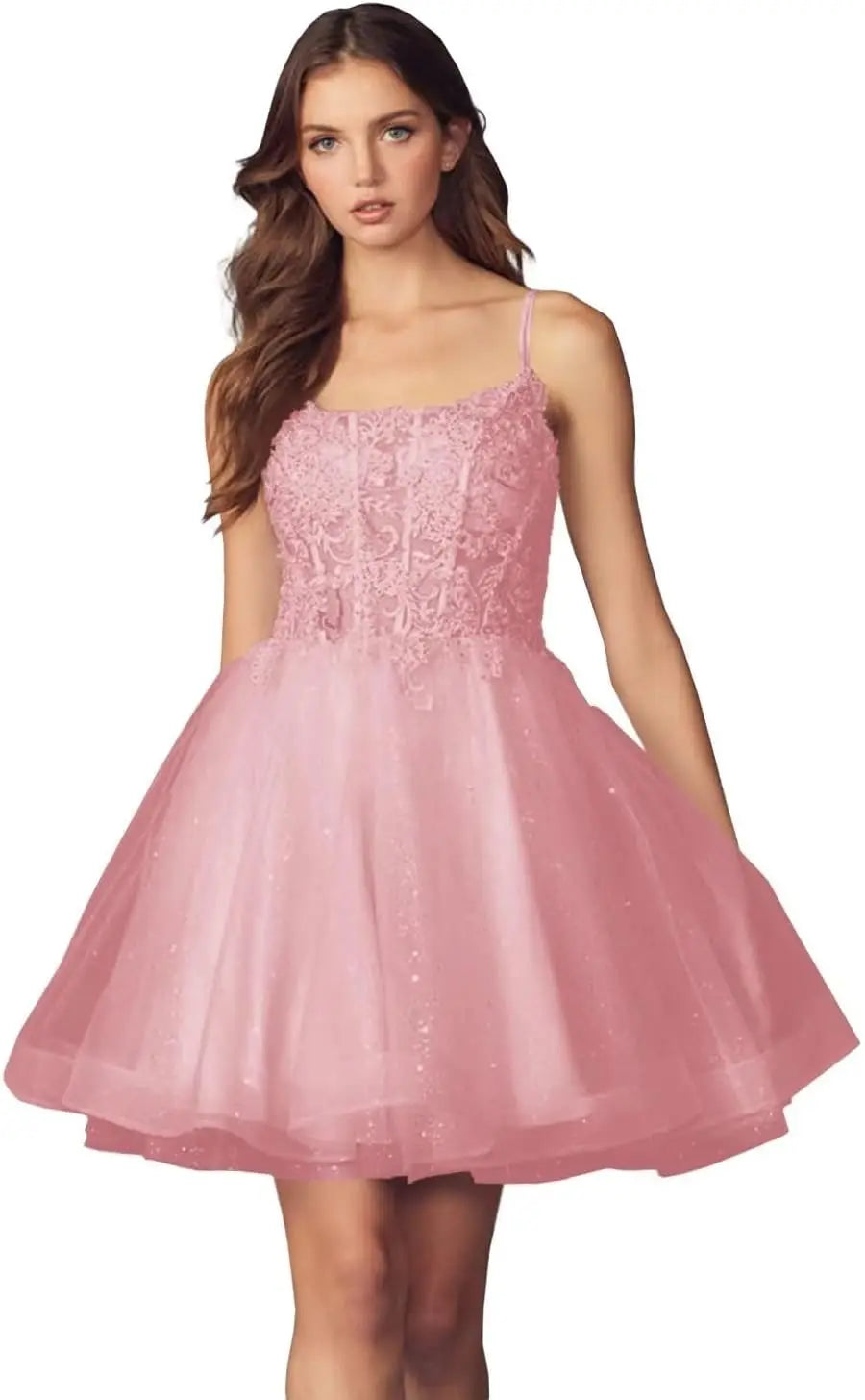 Kurzes Homecoming-Kleid mit Spitzenapplikationen aus Tüll für Teenager mit Spaghettiträgern, Cocktail-, Abschlussball- und Partykleider 