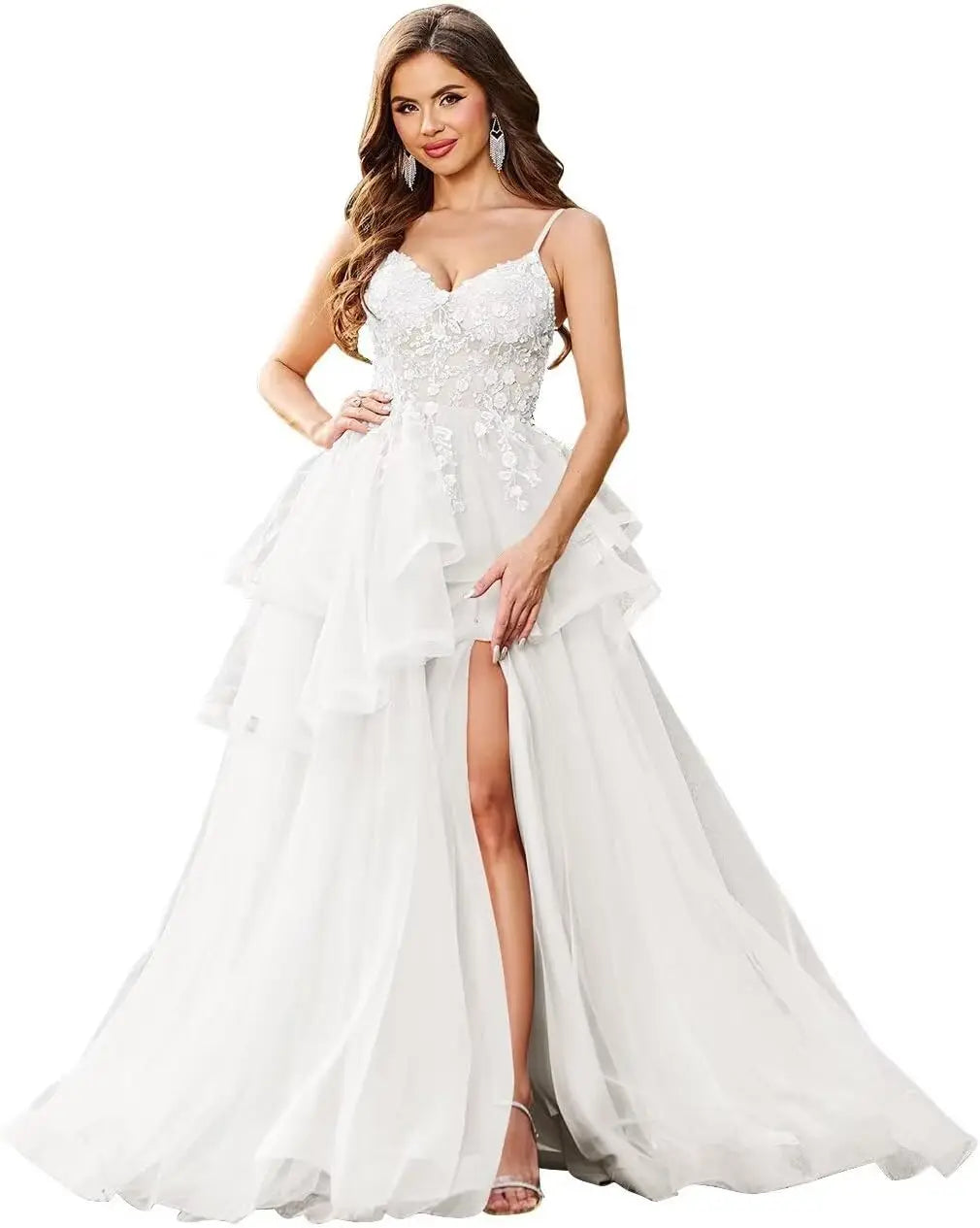 Vestidos de fiesta con apliques de encaje de tul y escote en V con abertura, vestidos de fiesta formales de noche con capas abullonadas, vestidos de baile largos 