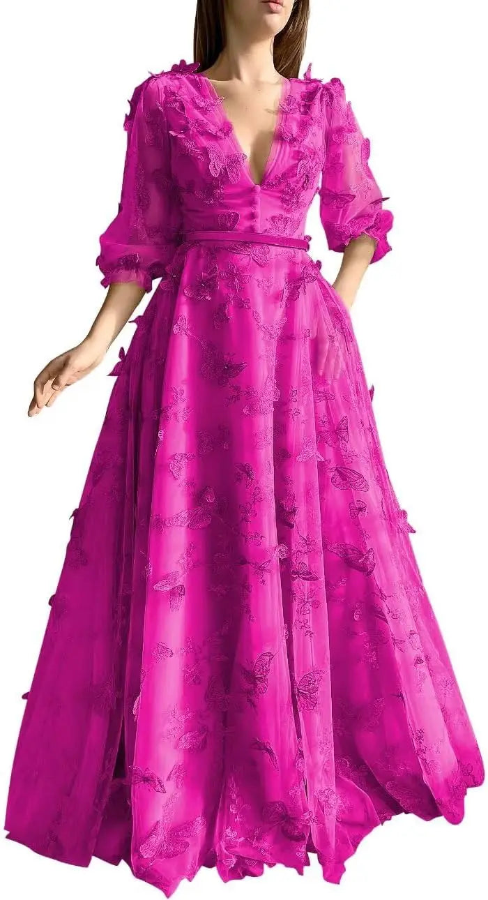 Damen Ballkleid mit Puffärmeln, 3D-Schmetterling, langer V-Ausschnitt, Tüll, Ballkleid, formelles Abendkleid 