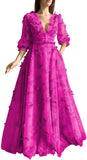 Damen Ballkleid mit Puffärmeln, 3D-Schmetterling, langer V-Ausschnitt, Tüll, Ballkleid, formelles Abendkleid 