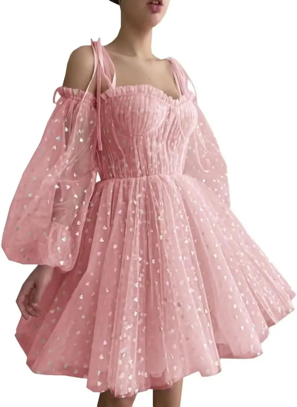 Hübsches Herz, kurzes Tüll-Heimkehrkleid für Teenager, Puffärmel, Mini-Spaghettiträger, formelles Abendkleid, Party-Cocktailkleid 