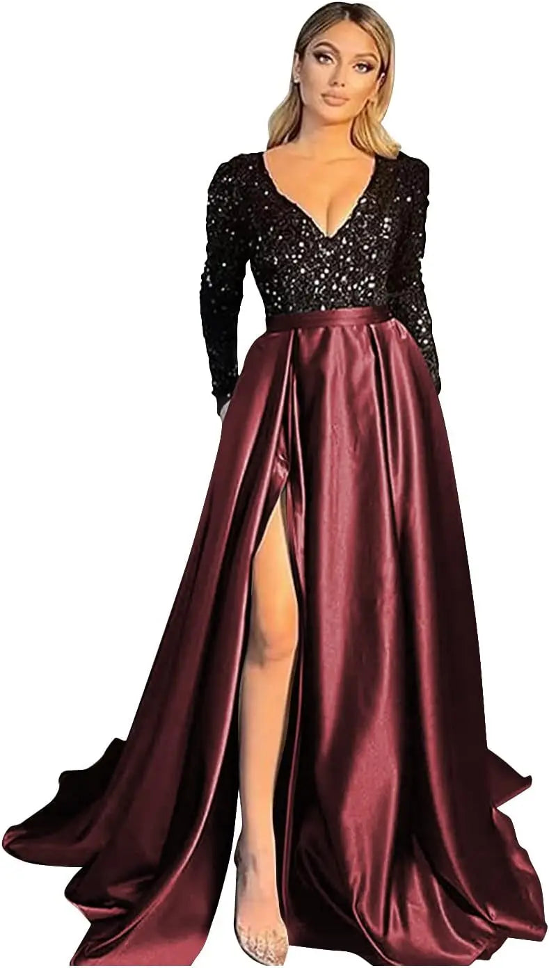 Vestido de fiesta de graduación con lentejuelas brillantes para mujer, con bolsillos, de satén de manga larga, vestido de noche formal con abertura, elegante para fiesta de boda 