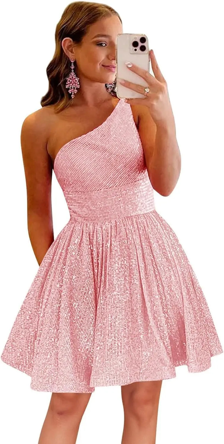 Vestido de fiesta corto con lentejuelas y un hombro brillante para mujeres y niñas. 