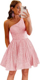 Vestido de fiesta corto con lentejuelas y un hombro brillante para mujeres y niñas. 