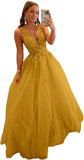 Tulle Prom Dresses for Women V Neck Applique Ball Gowns for Teens Women's Long Formal Evening Gowns with 3D Flower