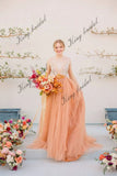Volles A-Linien-Brautkleid, handbesticktes Tüll-Volant-Brautkleid mit V-Ausschnitt/transparentem Rücken, Brautkleid 
