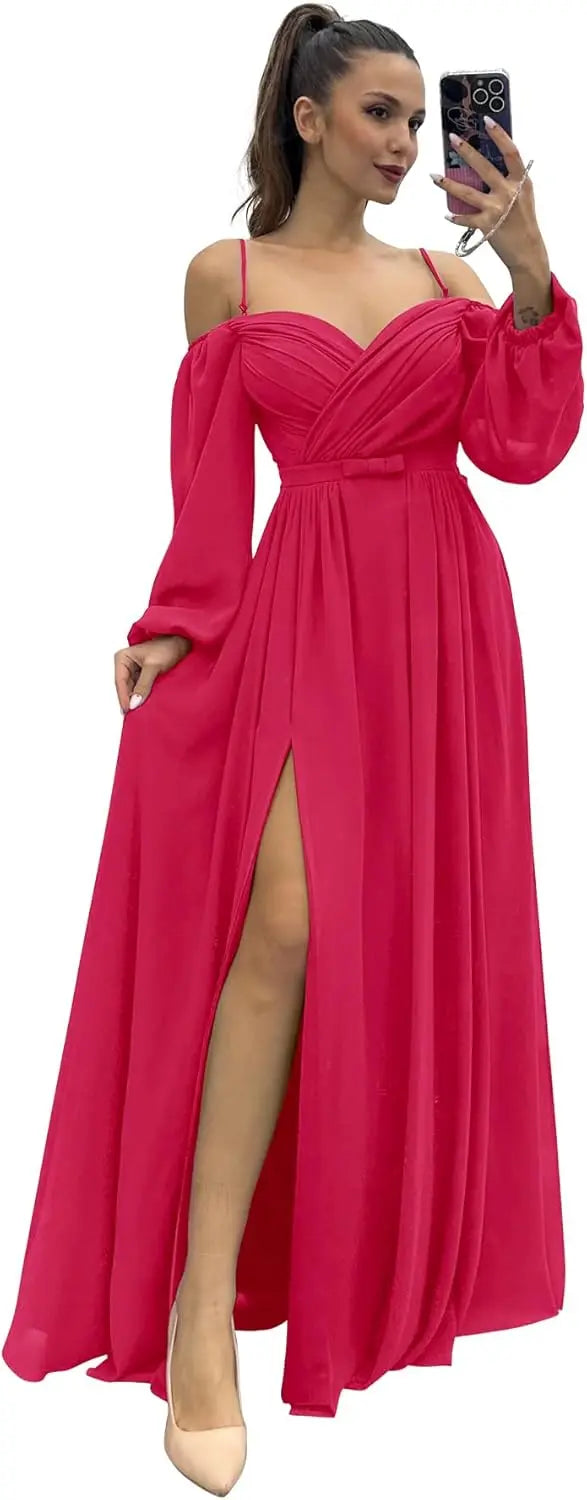 Vestido de dama de honor de manga larga para mujer, con tirantes finos, para invitada de boda, con abertura y bolsillos, vestido formal fruncido. 
